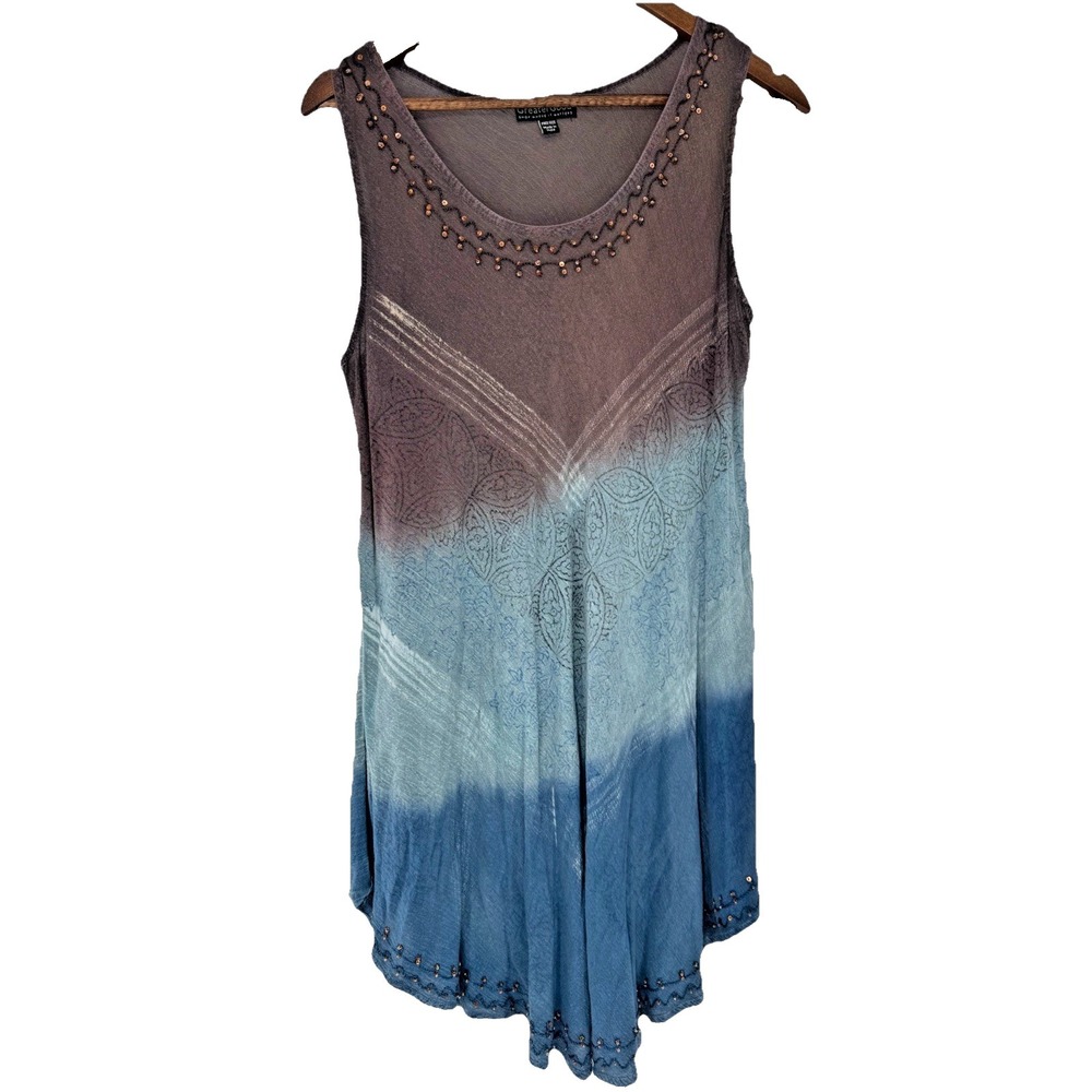 Greater Good Tank Midi Dress One Size Blue Brown Scoop Neck Beaded cover up boho